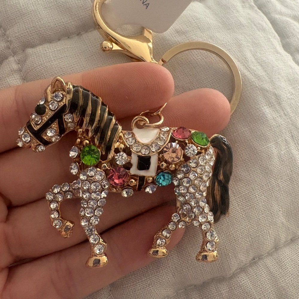 Sparkling Gold Horse Keychain with Multicolor Crystals